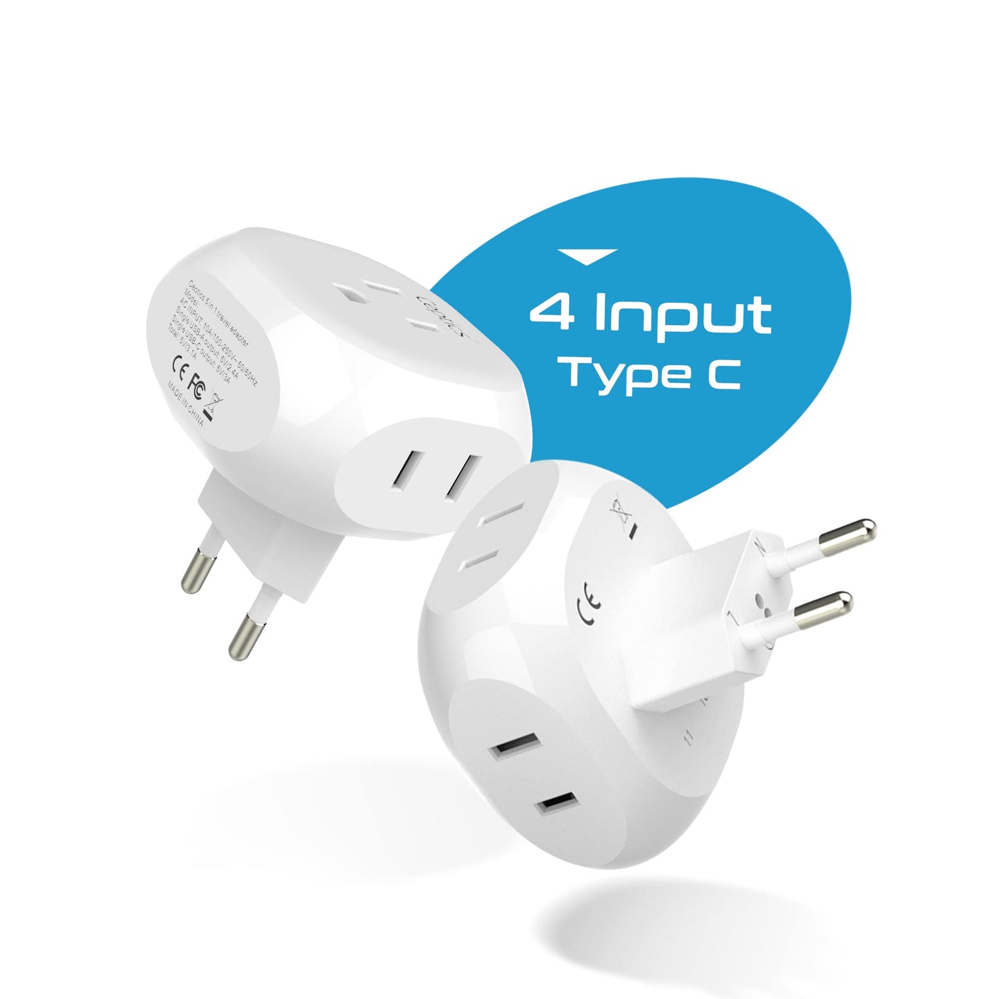 Ceptics European Travel Plug Adapter Europe Power Adaptor Charger 4 Input - Ultra Compact - Light Weight - Usa To Any Type C Cou