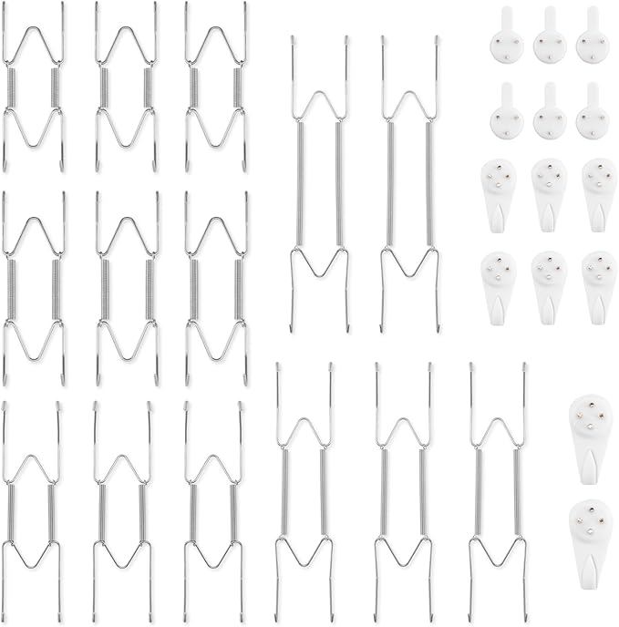 Bilillo 14 Pcs Plate Hangers for Wall - 4/6/8/10/12 Inch Invisible Plates Hanger, Stainless Steel Plate Holders with 14 Pieces Wall Hooks for 4 to 14 Inch Decorative Plates and Arts (Silver)
