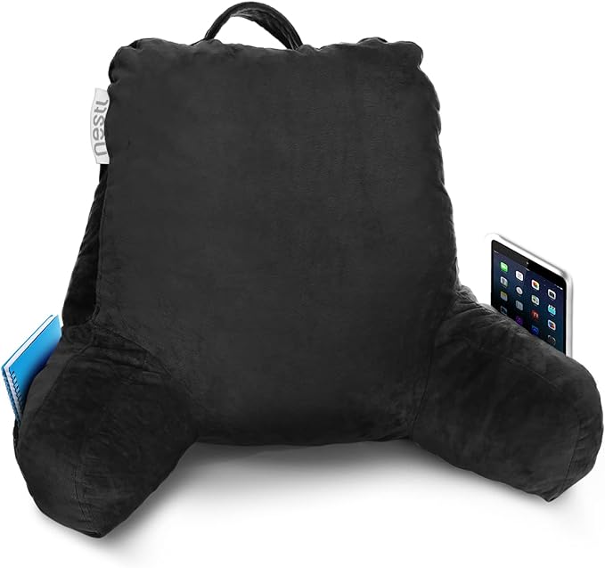 Nestl Reading Pillow Standard Bed Pillow, Back Pillow for Sitting in Bed Shredded Memory Foam Chair Pillow, Reading & Bed Rest Pillows Black Back Pillow for Bed, Bed Chair Arm Pillow with Pockets