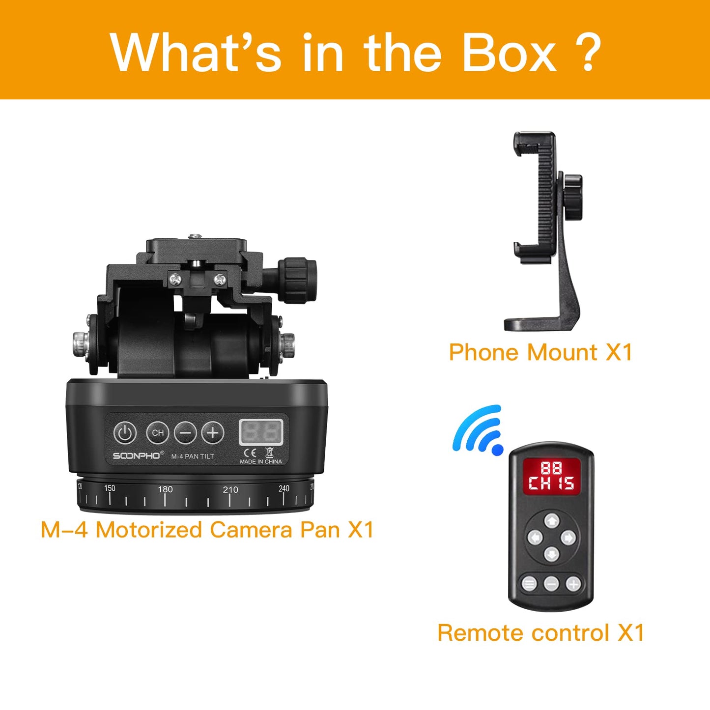 Soonpho M4 Motorized Rotating Panoramic Tripod Head, Remote Control Pan Tilt Head with Remote Control and Mobile Phone Clip for DSLR Cameras, Camcorders, Smartphones, Tripod