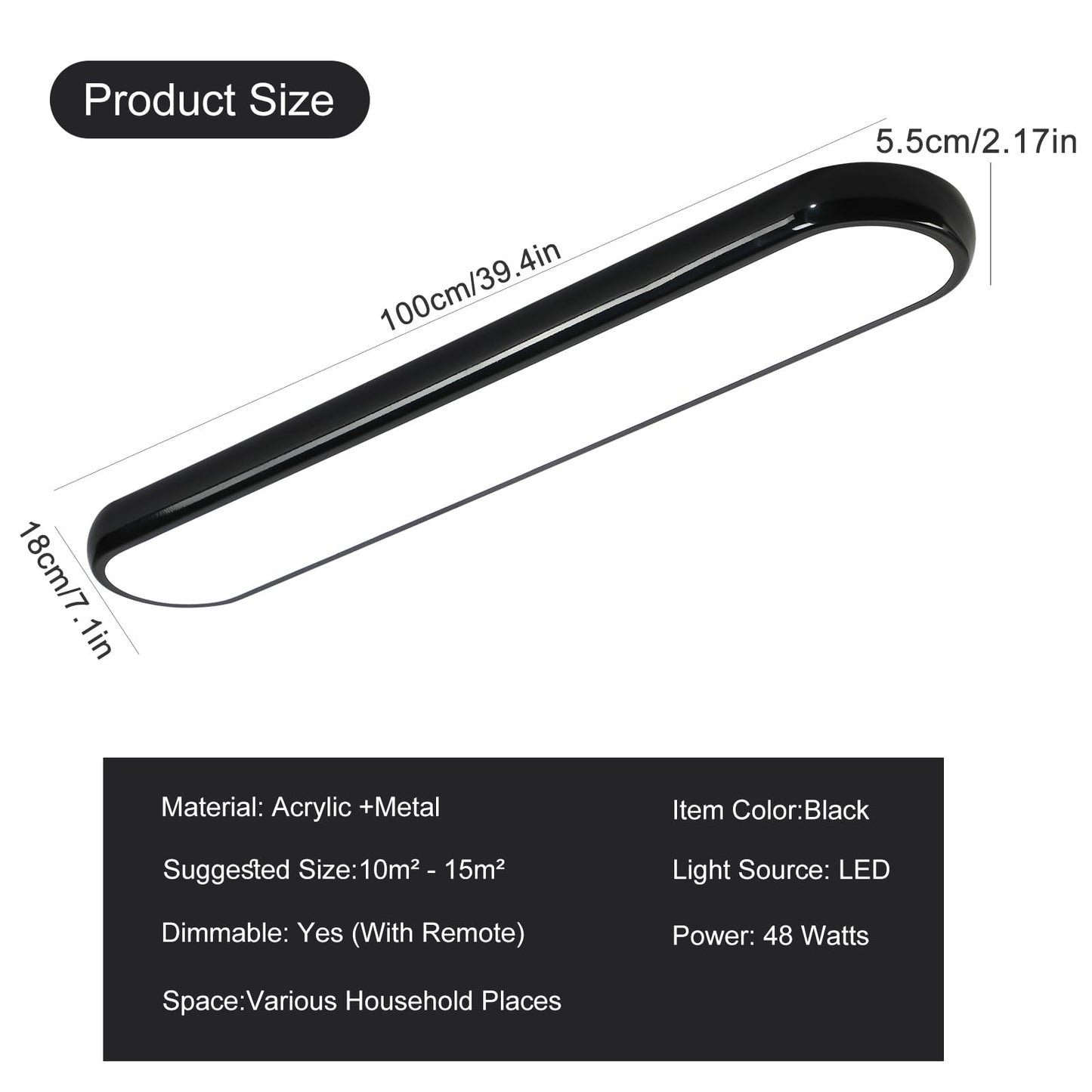 Qcyuui Modern Led Ceiling Light Dimmable Semi Flush Mount Ceiling Light 39.4 In Long Ceiling Light Fixture Kitchen Lighting Fixtures Ceiling For Office Bedroom Hallway(Black/48W/3000-6500K)