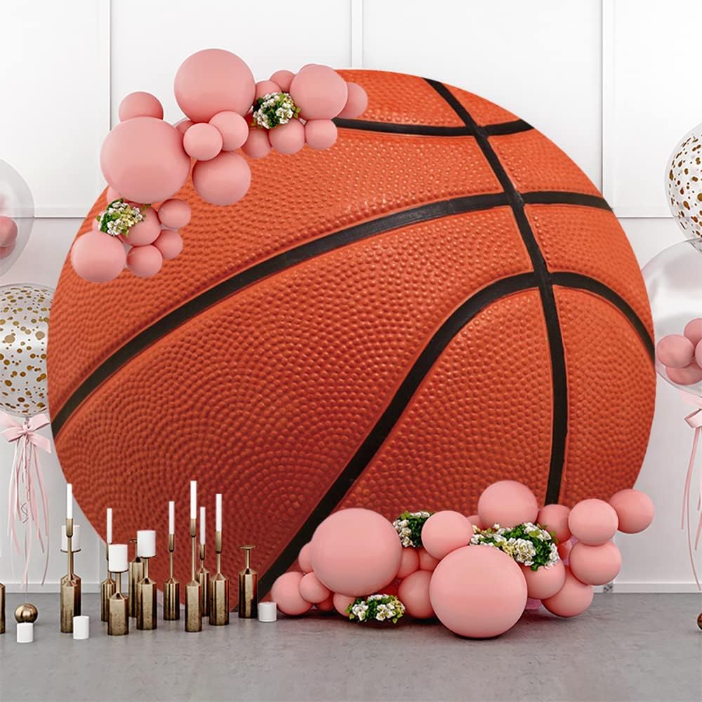 Leyiyi 4x4ft Basketball Round Backdrop Cover - Brown Basketball Match Sports Theme Circle Photography Background for Boys Baby Shower Newborn Gender Reveal Party Decor
