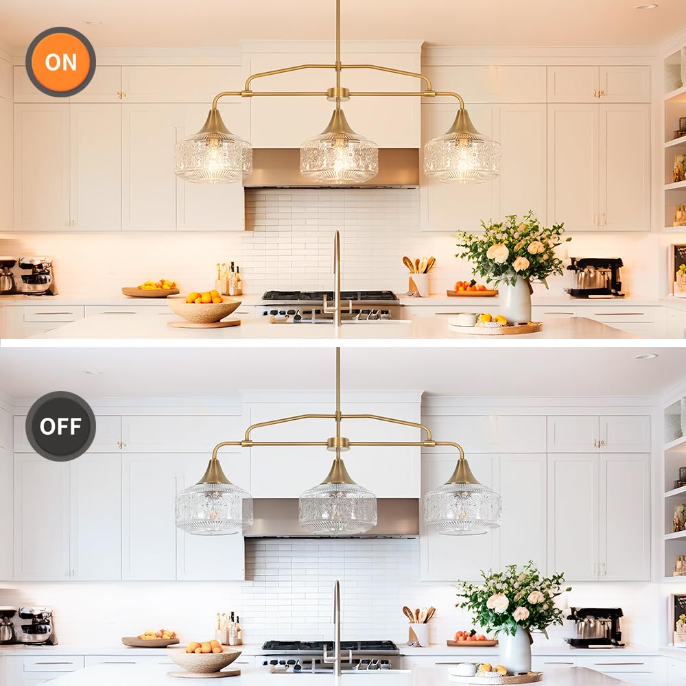 Farmhouse 3-Light Adjustable Kitchen Island Lighting With Clear Glass Shades  Brass Gold Finish Pendant Lights For Dining Room Table  Industrial Island Lights Chandelier For Modern Home Decor