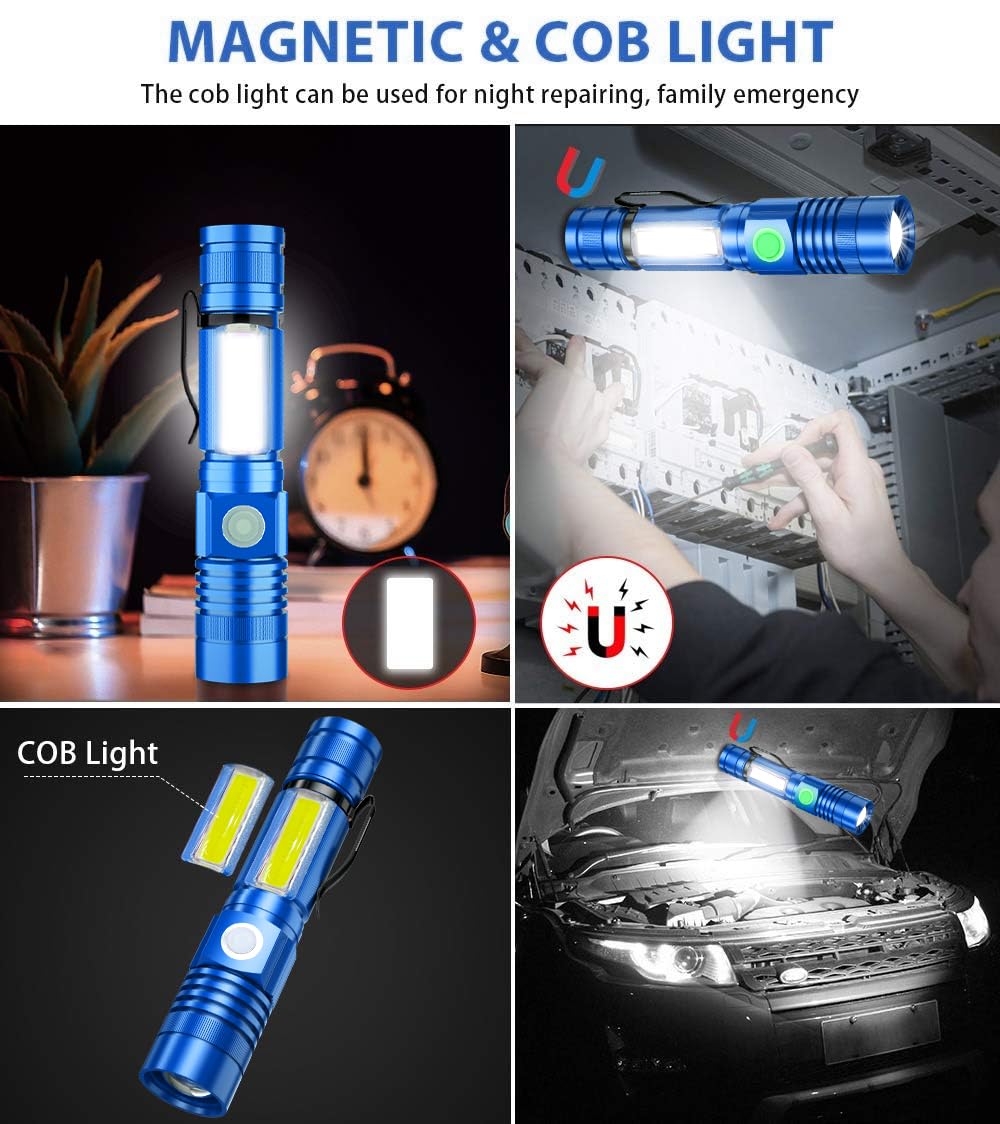 Vnina Tactical Flashlight, Rechargeable USB Magnetic, Waterproof, LED, 4 Models, 2 Pack, Blue, Aluminum