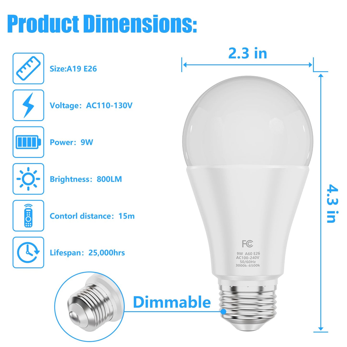 MXhme A19 Color Changing Light Bulb, Dimmable 9W (60W Equivalent), RGBWW, E26 Base, Remote & App Control, White