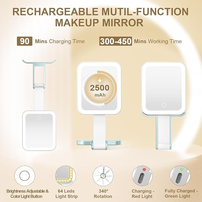 Mocado Travel Makeup Mirror with Lights,10X/1X Magnifying Mirror with Light, Double Sided Travel Mirror with 3 Color Light,Dimmable Touch, Lighted Makeup Mirror for Tabletop, Handheld, Hanging(Blue)