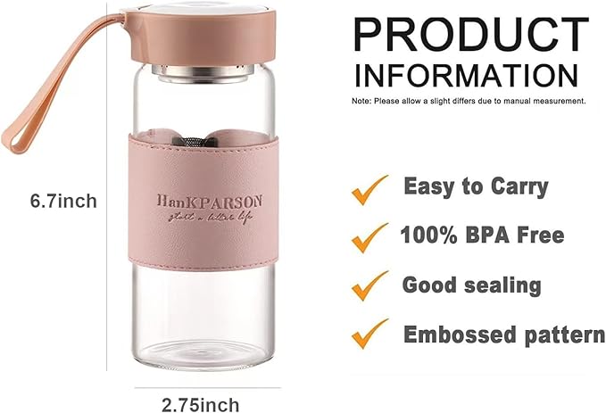 Glass Water Bottles 16 Oz Borosilicate water bottle-with sealing cap and Holsters and filters - BPA free,Men and Women Portable Glass Bottle (Pink)