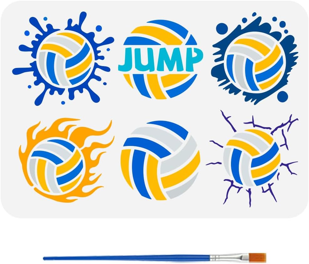 FINGERINSPIRE Volleyball Stencil with a Paint Brush 11.7x8.3Inch 6Styles Volleyball Pattern Stencil bPET Volleyball Decoration Template Reusable Sports Themes Template for Wood Wall Floor Furniture