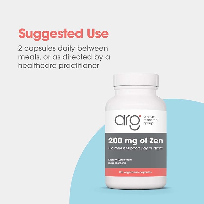 Allergy Research Group 200mg of Zen Supplement - GABA, L-Theanine, Calmness Support, Day or Night, Hypoallergenic, Vegetarian Capsules - 120 Count