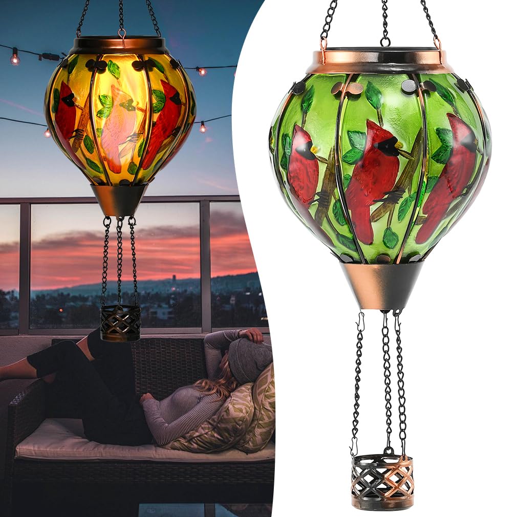 Hot Air Balloon Solar Lantern - Large Cardinal Bird Glass Lantern  Simulated Flickering & Dancing Flame  Big Outdoor Hanging Yard Light Waterproof Ip65 For Patio Lawn Porch Decor Gift