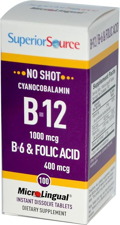 Superior Source No Shot Vitamin B-12 Cyanocobalamin 1000 mcg, B-6, Folic Acid 400 mcg - Support Brain & Heart Health - Aids Natural Energy Levels - 100 Sublingual Dissolving Tablets