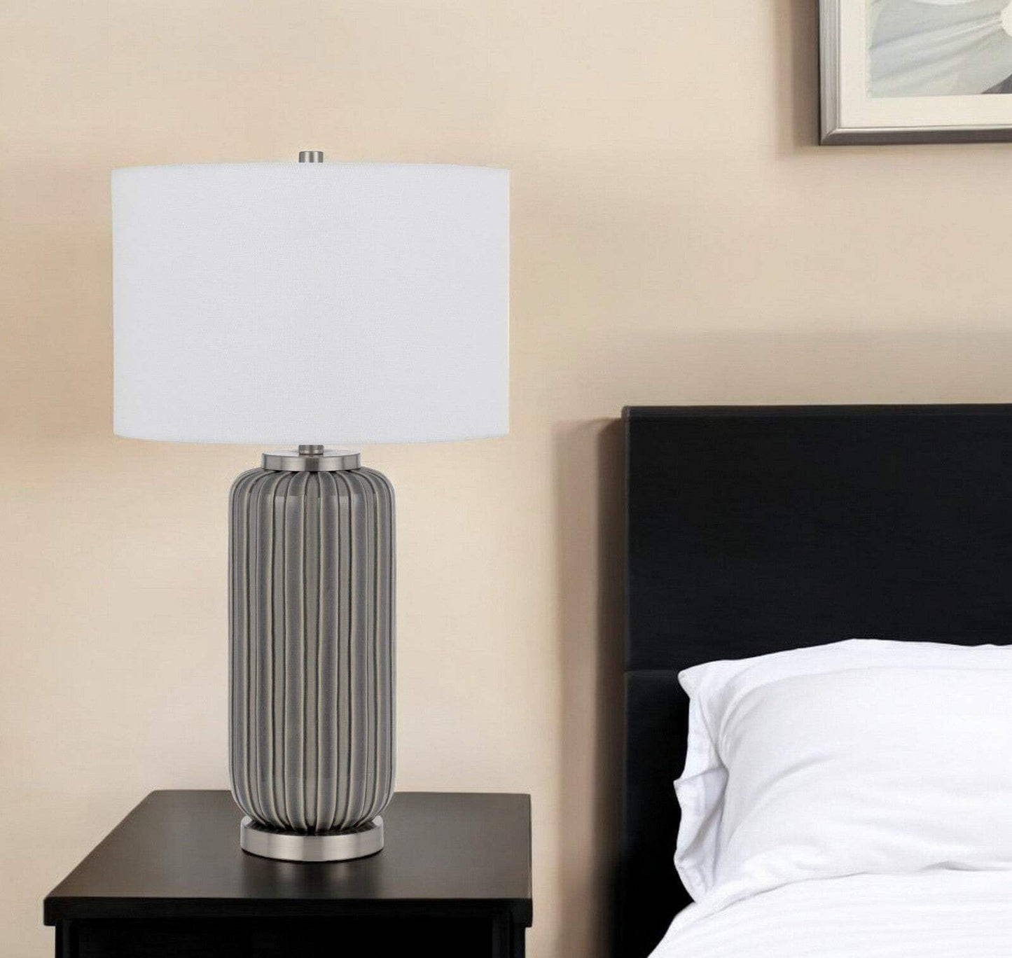 Homeroots 29 In. Taupe Metal Table Lamp With White Drum Shade - Model 524729