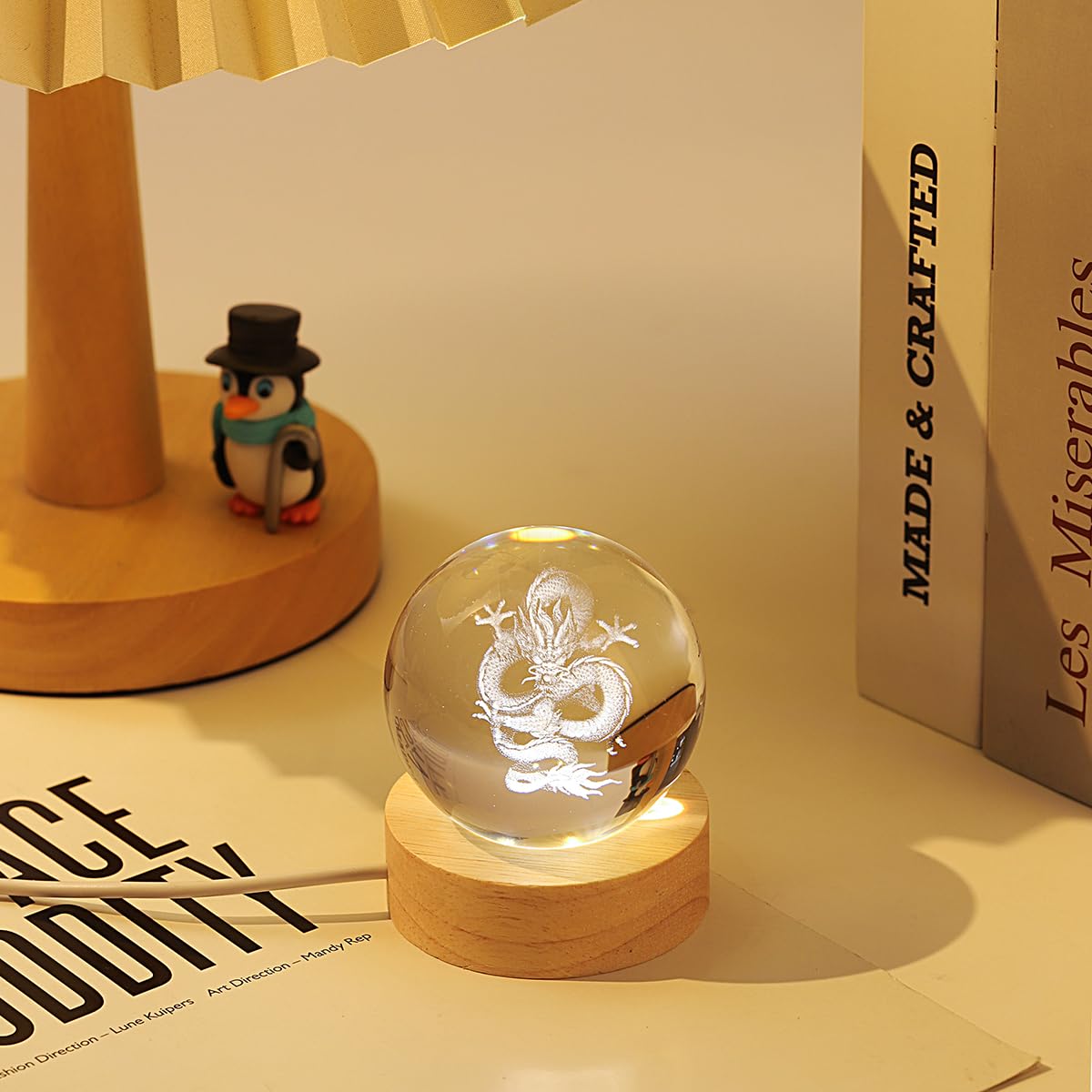 Hochance 3D Dragon Crystal Ball Lamp With Adjustable Brightness Led Wooden Base Night Light For Kids Teens mature-themeds Birthday Gift Home Desk Office Bedroom Decor (6Cm / 2.4 )