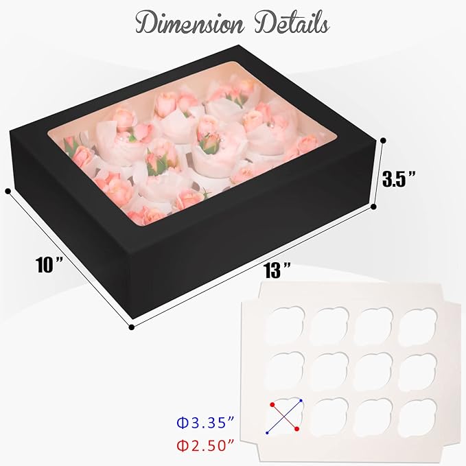 Bakepacker 12 Cupcake Containers 20-Packs Black Cupcake Box Cupcakes Carrier, 12 Cupcake Boxes with Window 13"x10"x3.5"（Auto-pop up）