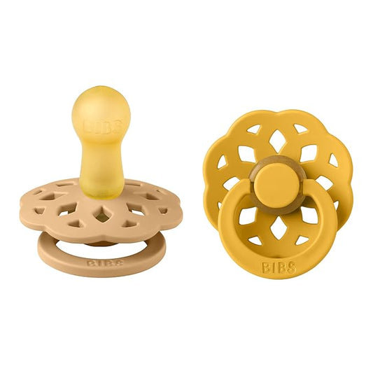 BIBS Boheme Pacifiers 2 Pack BPA Free Cherry Shape Nipple Natural Rubber Latex Made in Denmark | Sand/Honey Bee