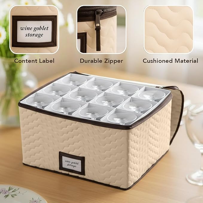 Wine Glass Storage Box with Dividers - Stemware Storage Case, Durable Quilted Microfiber Bin with Carry Handles, Protects Fine China - Durable Quilted Microfiber Bin with Carry Handles (2 Pack, Red & White Wine Glass)