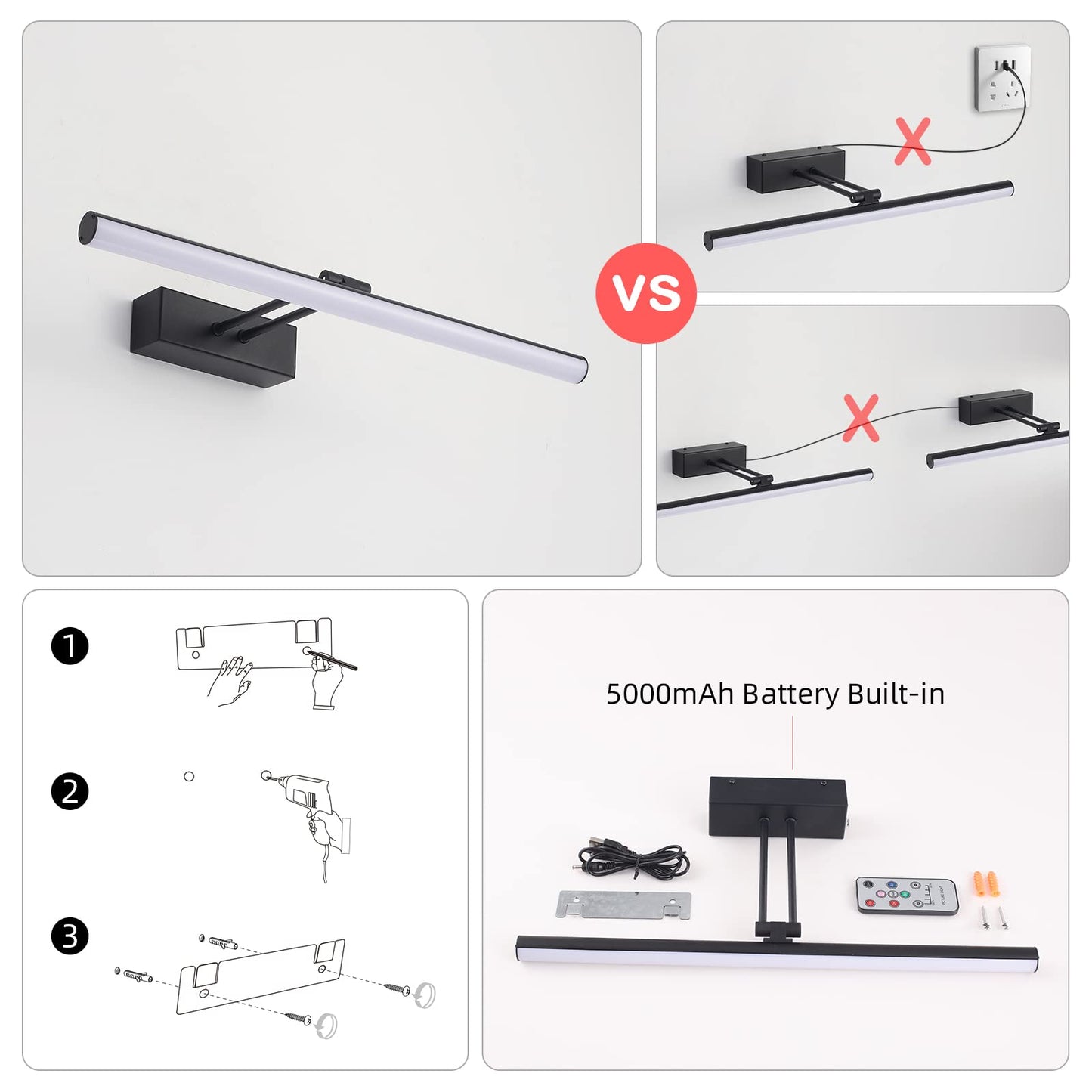 Howmzon 16 Rechargeable Metal Picture Light, Dimmable Wall Sconce In Black, Model Hw002Bk For Art And Gallery Display