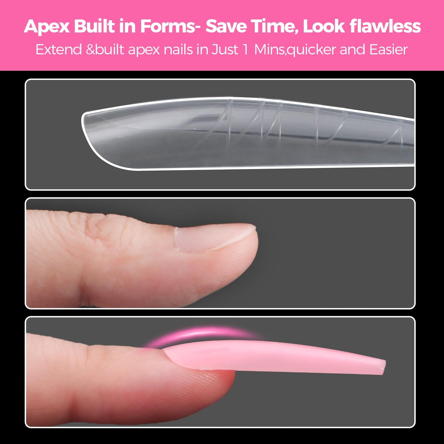 Flat Polygel Nail Forms Coffin,GlimightyX Straight Built-in Apex Dual Forms Molds Reusable,Pre-designed French Guildelines Polyg