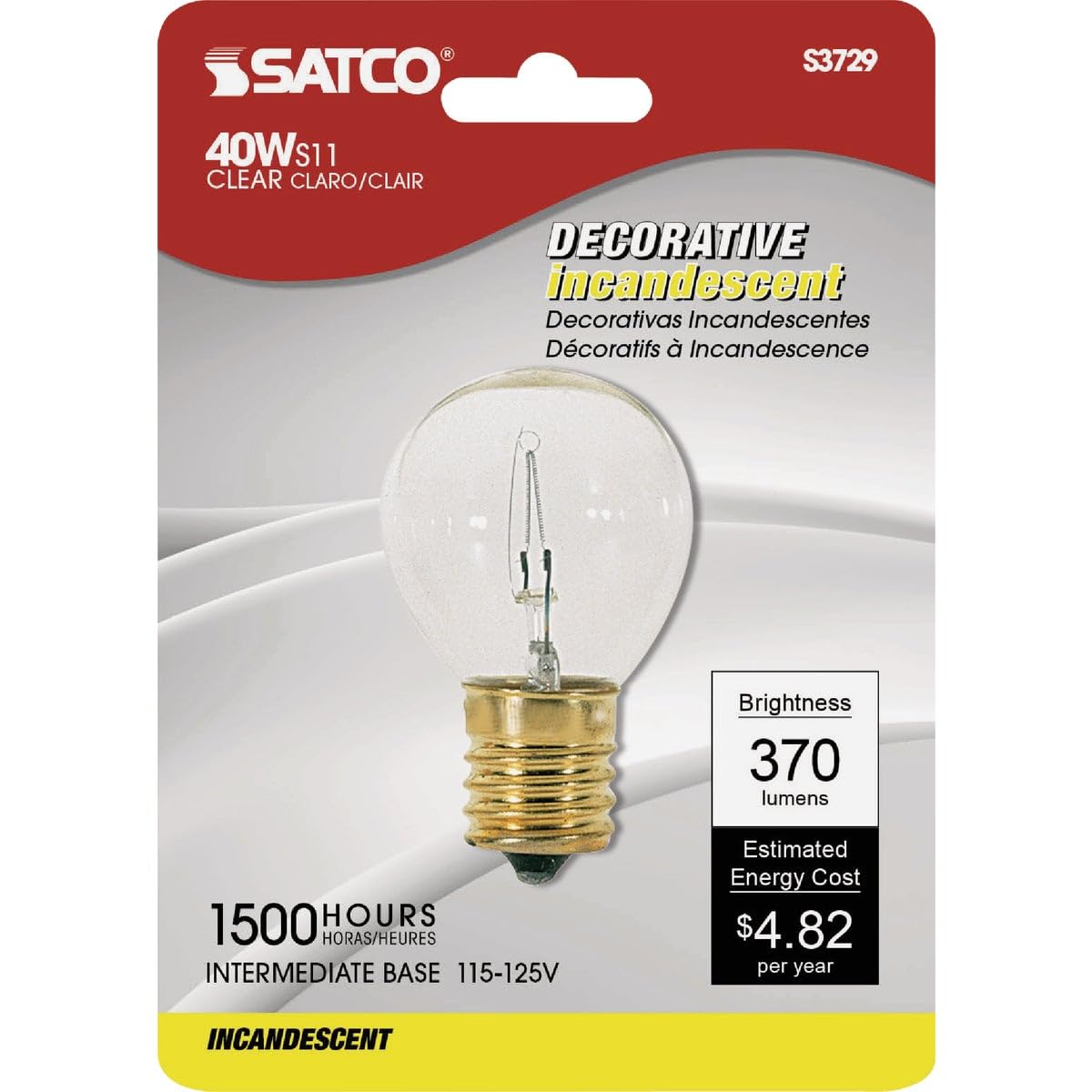 Satco S3729 Intermediate Base 40W S11 Clear Glass Light Bulb, 1 Count