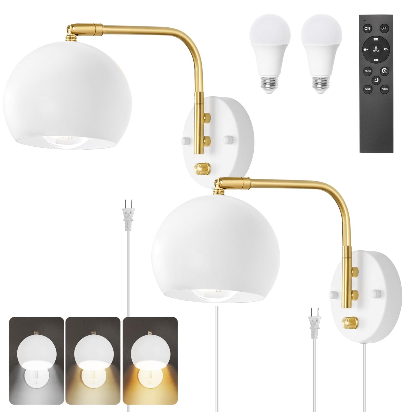 VATONI Wall Sconce with Remote Control, Dimmable 0-100%, Adjustable Color Temp 2700K-6000K, 2 Pack, Brushed Brass, White Globe