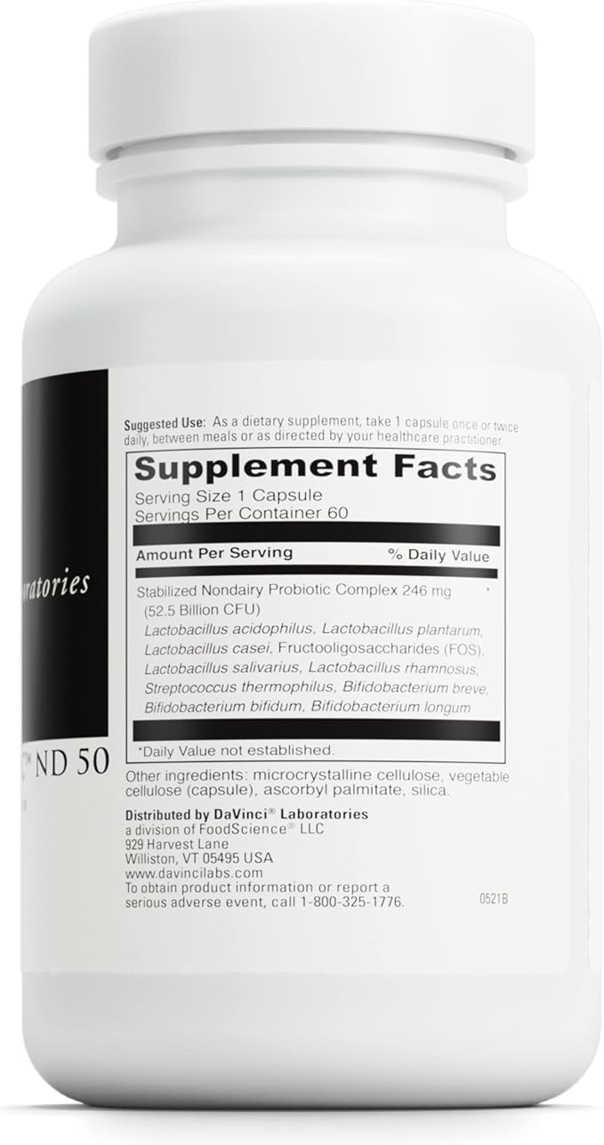DaVinci Labs Mega Probiotic ND 50 - Non-Dairy Probiotic Supplement with Prebiotic Fiber - Digestive & Immune Health Support* - Gut Support with Beneficial Bacteria* - 60 Vegetarian Capsules