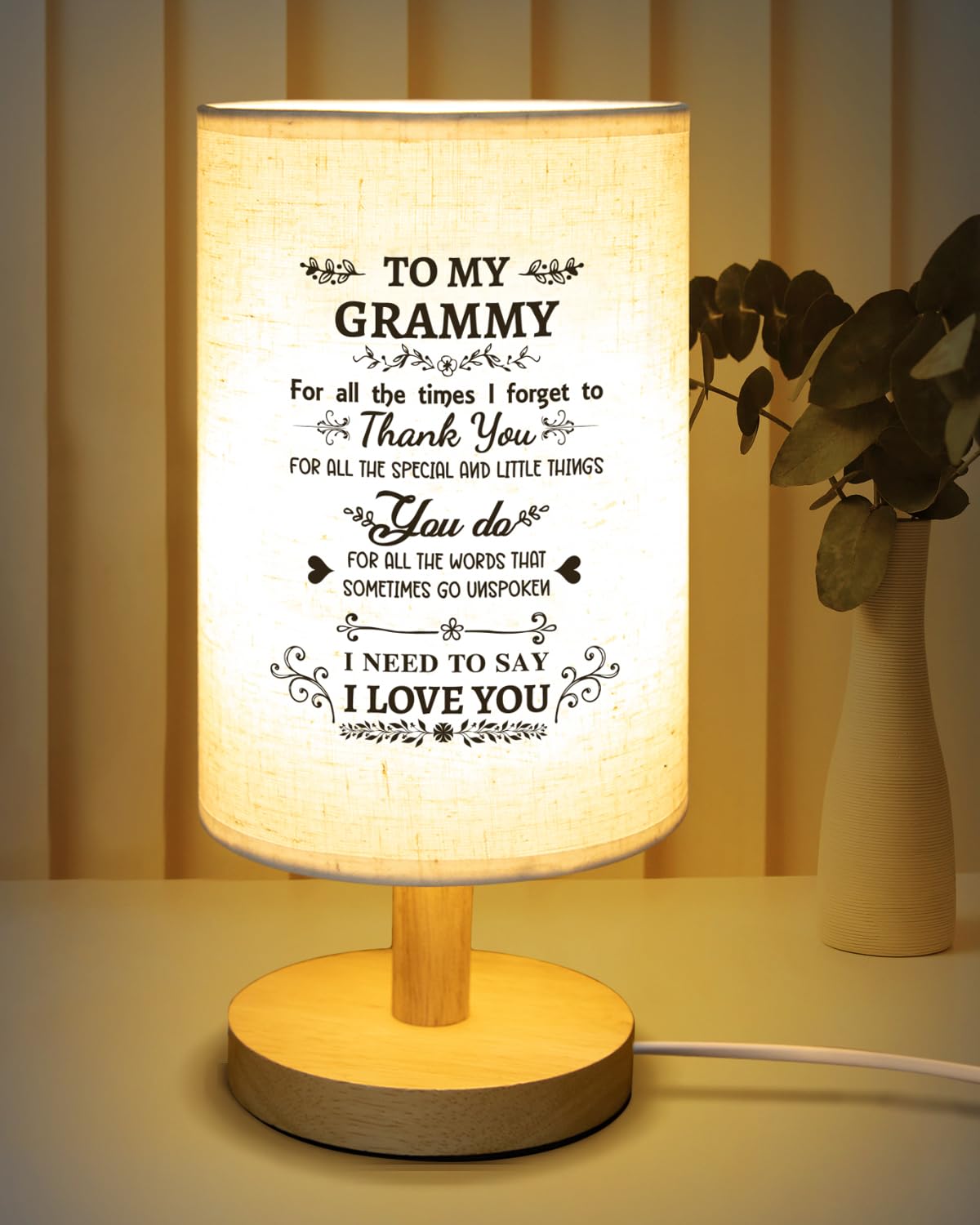 Calibron Fabric Table Lamp for Grammy - Unique Birthday Gift with Wooden Stand - White - Model KKYXYMTDX0229