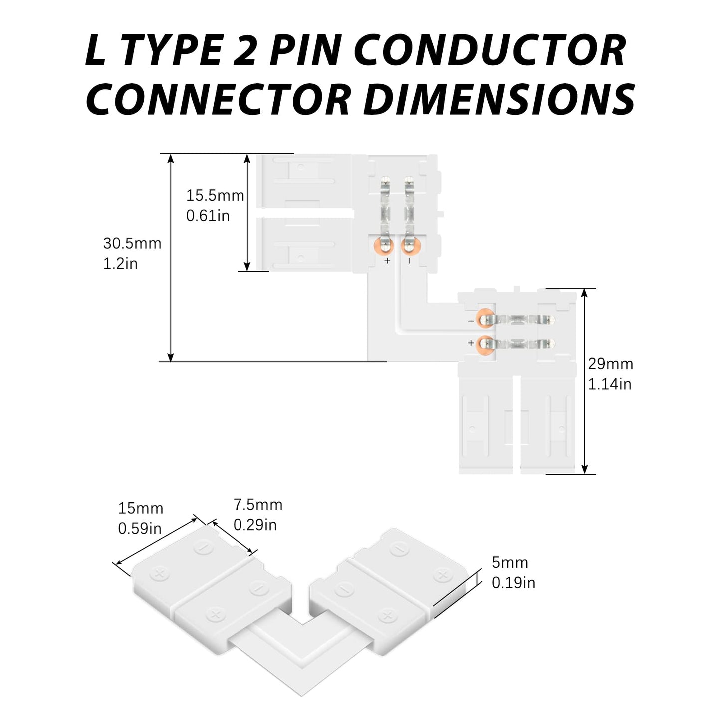 VIPMOON L Shape LED Strip Connectors, 2 Pin 10mm, 10 Pcs Right Angle Solderless Nylon Connectors, White