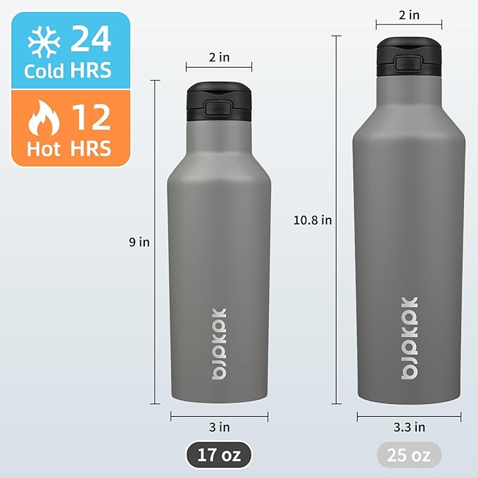 BJPKPK Insulated Water Bottle With Straw 17oz Stainless Steel Water Bottles With 2 Lids And Carry Handle Reusable Travel Metal Thermal Flask,Grey