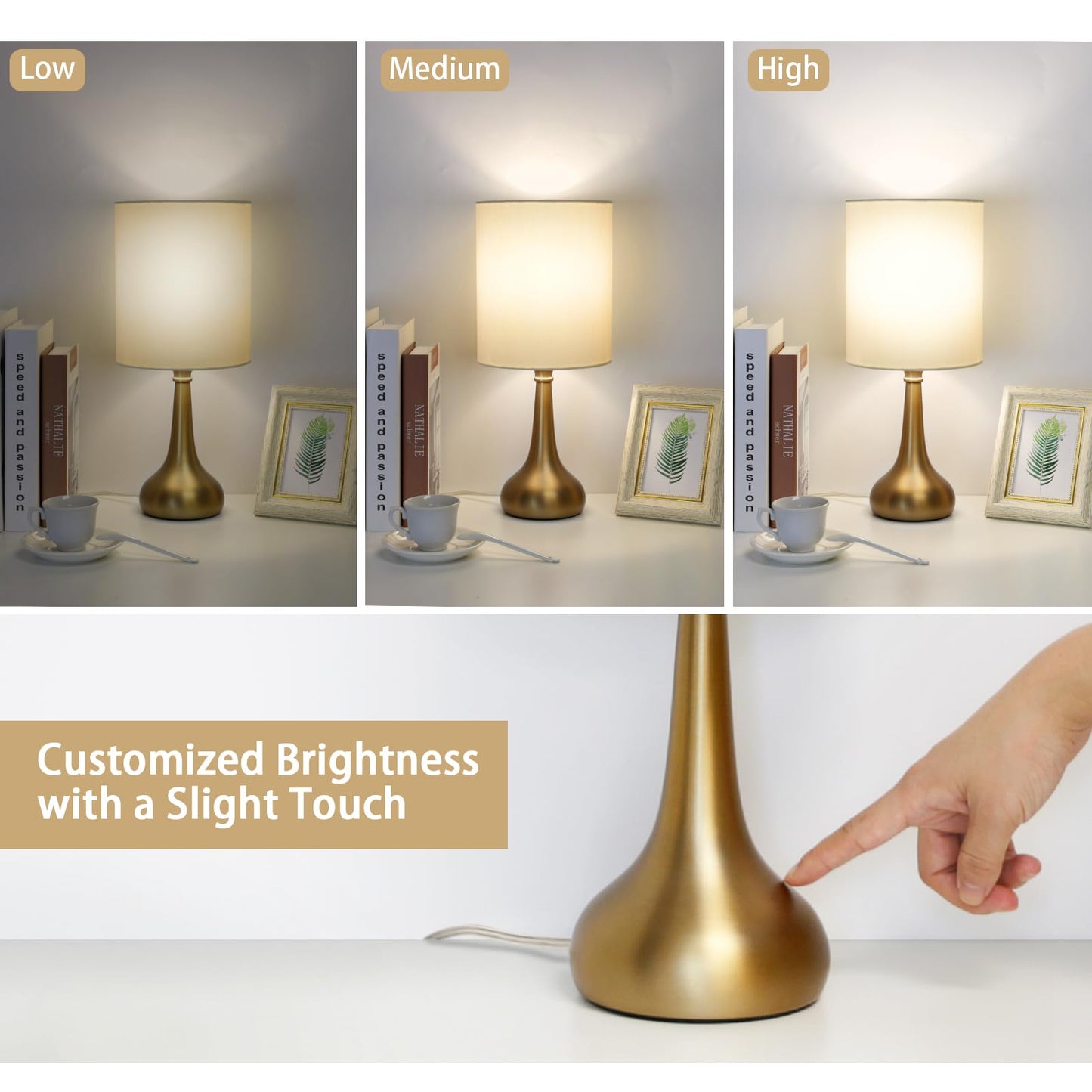 Boncoo Set of 2 Touch Table Lamps, 3-Way Dimmable, Brass Metal Base, A19 3000K LED Bulb Included, Nightstand Lamp for Bedroom and Office