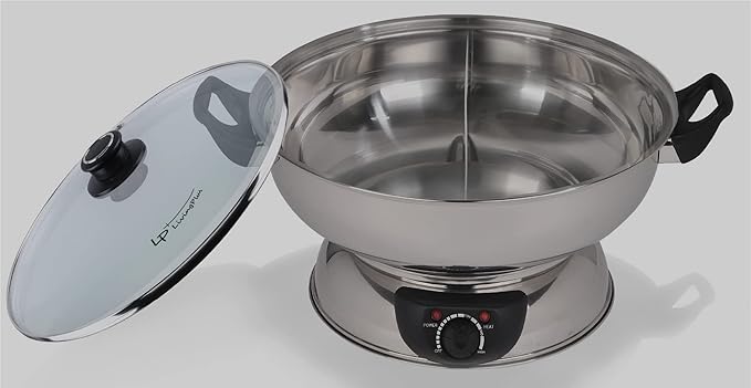 Electric Dual Sided Shabu Shabu Divider Hot Pot with Burner and Glass Lid, 5.0L, Stainless Steel with Multi Control