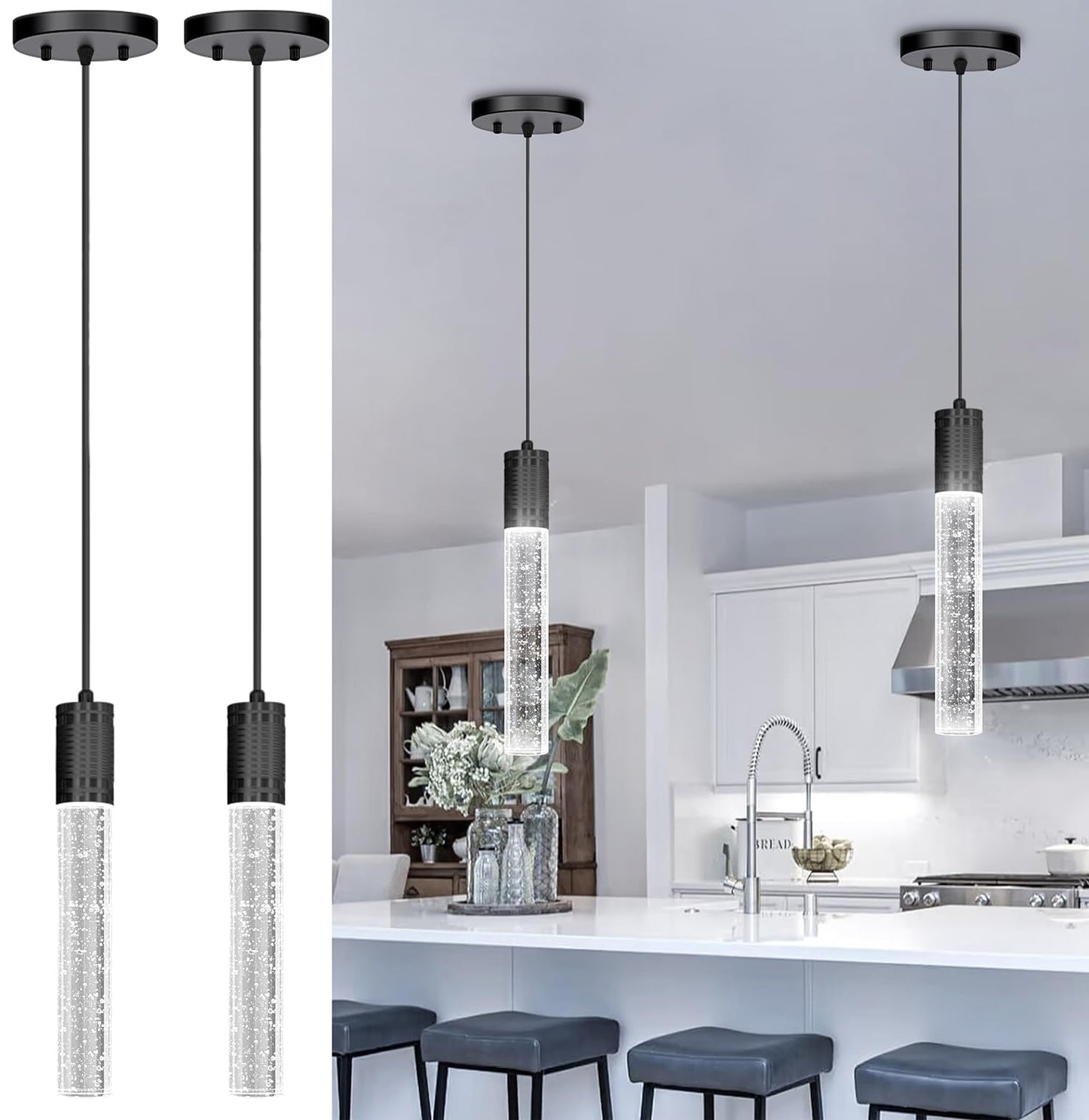 Haixiang Set Of 2 Pendant Lights For Kitchen Island  White Light  Black Crystal Linear Pendant Lighting  Bar Corner Led Light Fixture