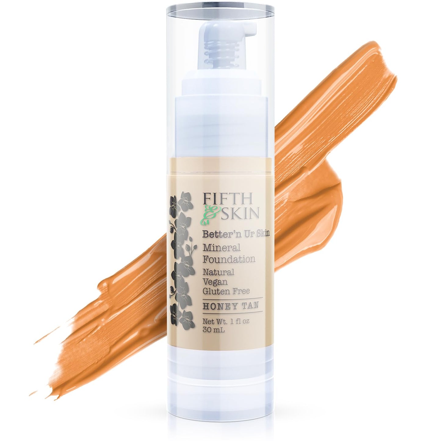 Fifth & Skin: Better’n Ur Skin Liquid Foundation (HONEY TAN) - Natural, Organic, Vegan, Cruelty-Free - Gluten-Free Beauty with Buildable Coverage and Palm-Free Luxury - 1 oz
