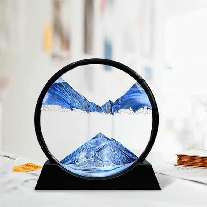 Aoderun Moving Sand Art Picture Round Glass 3D Deep Sea Sandscape in Motion Display Flowing Sand Frame Relaxing Desktop Home Office Work Decor (12", New Blue)