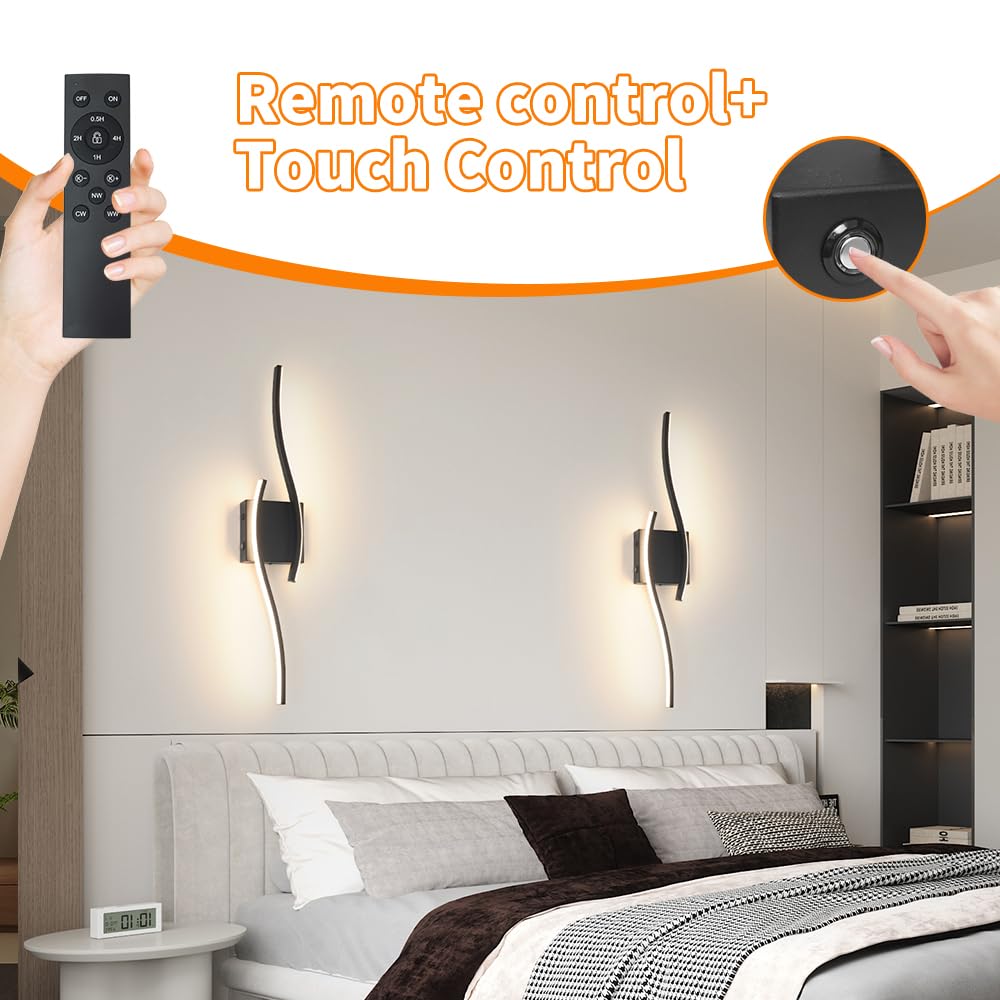 Daunton Modern Battery Operated Wall Sconce Set Of 2  Black Dimmable Led Wall Light With Remote Control  3Cct Adjustable  Timer& Memory Function  Wireless Wall Light For Tv Wall Living Room Bedroom