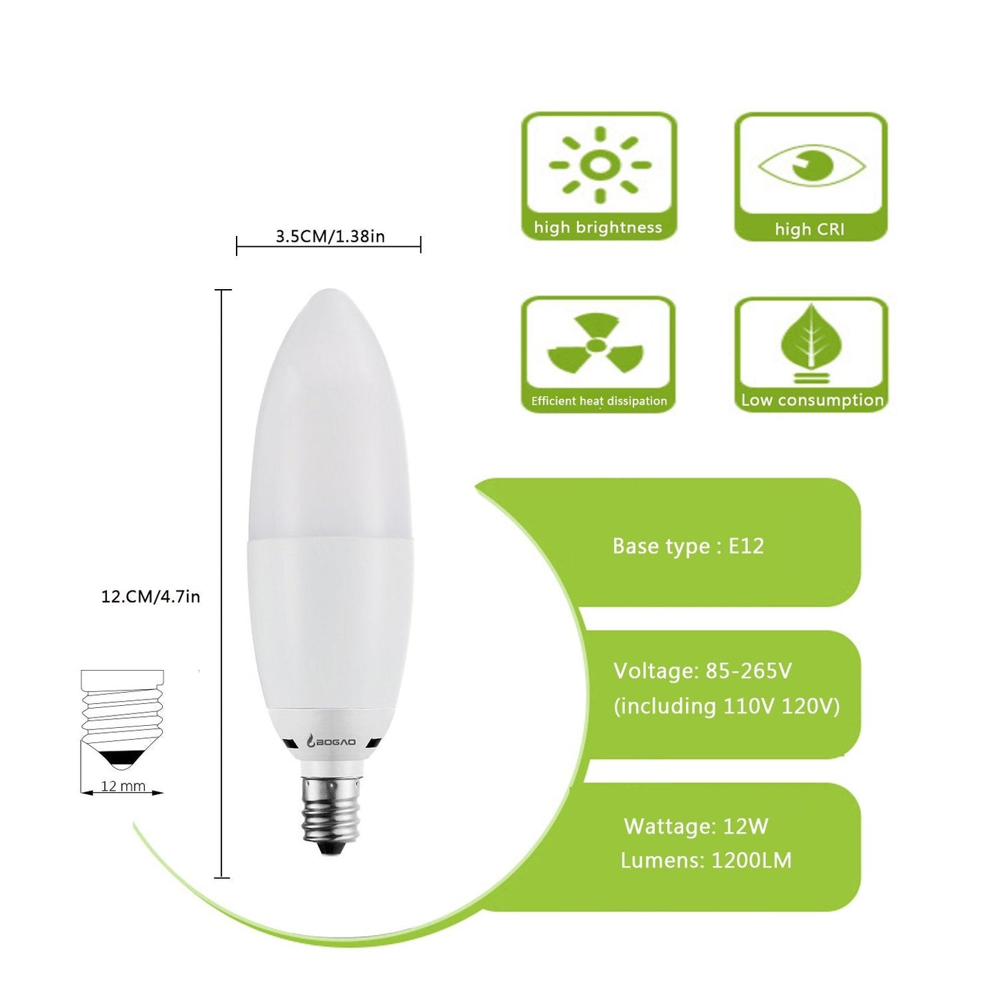 Bogao LED Candelabra Bulb 12W 6000K E12 Base 1200 Lumens Torpedo Shape 4 Pack White