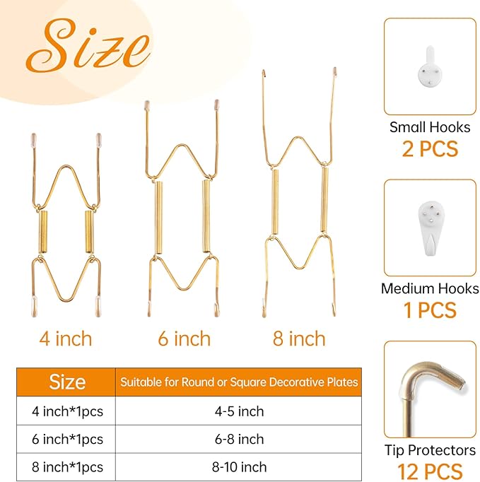 Bilillo 3-Piece Stainless Steel Wall Plate Hangers, 4/6/8 Inch Invisible Decorative Wire Plate Holders with 3 Pieces Wall Hooks for 4 to 10 Inch (Gold)