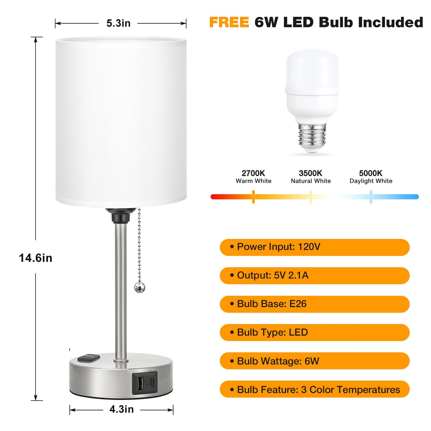 Dicoool Bedside Lamp - 3 Color Temperatures, USB C & A Ports, Silver Metal Base, 14.6in, White-Silver, Model 15-12