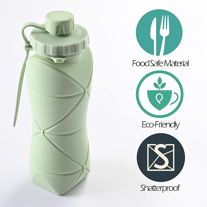 Collapsible Water Bottle, Silicone Foldable Water Bottles For Travel, Easy-To-Carry Design And Compact Size, BPA Free, 20 oz (2PC, Green & Green)