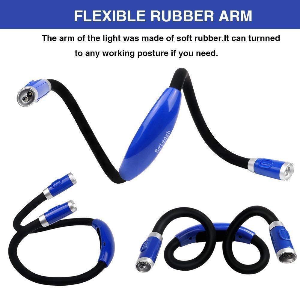 Betensh Rechargeable Led Book Light - Flexible Neck Hug Design, 3 Brightness Levels, Blue, Ideal For Reading In Bed Or Car