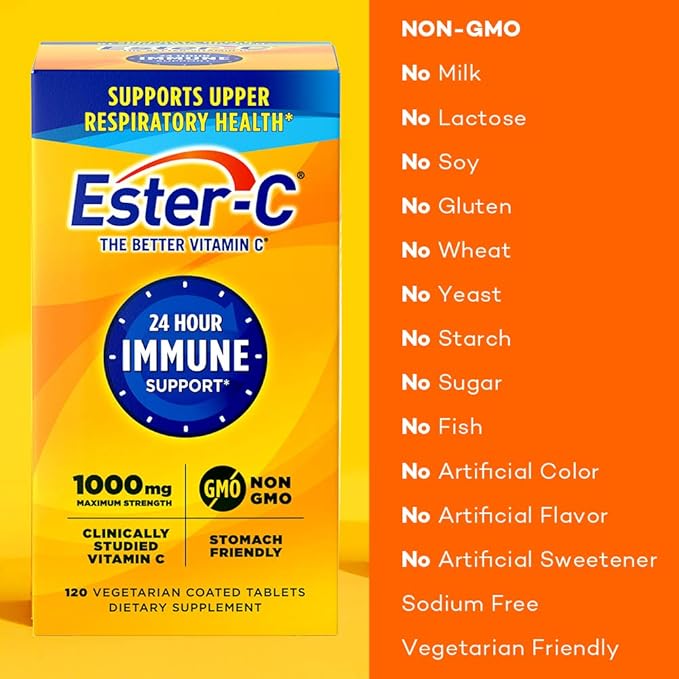 Ester-C Vitamin C 1000 mg Coated Tablets, 120 Count, Immune System Booster, Stomach-Friendly Supplement, Gluten-Free (Pack of 2)