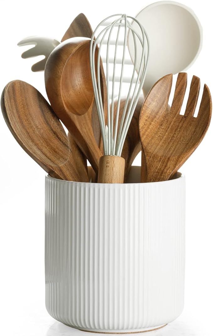 getstar Large Kitchen Utensil Holder for Kitchen Counter (H7.2” x W6.2”), Ceramic Cooking Utensil Holder with Cork Mat (White, Small(5.6"))