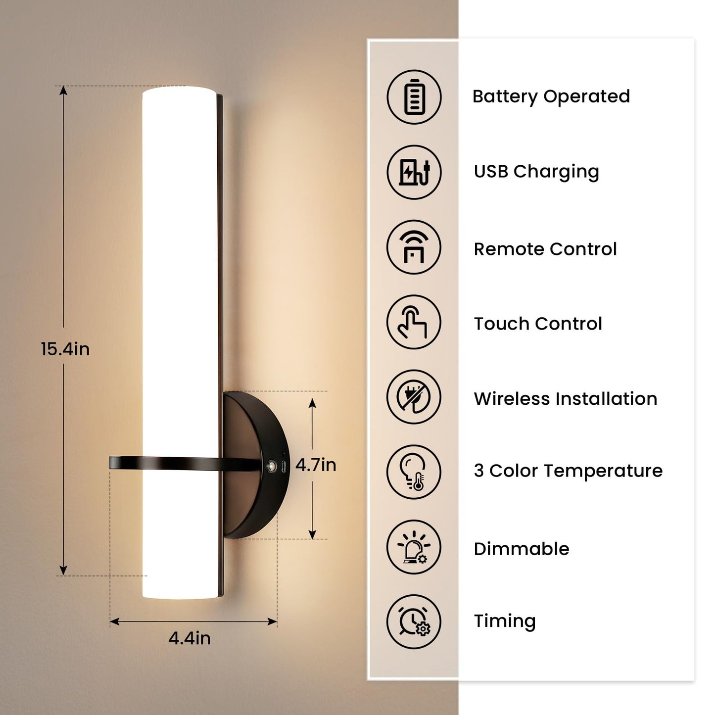 AIJIASI Black Battery Operated Wall Sconces Set of 2, Dimmable LED, 15 Inch, Rechargeable, Remote Control, Model 8001WL