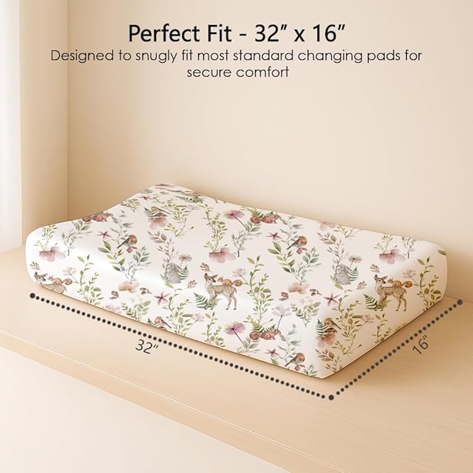 Changing Pad Cover for Baby Boys Girls 2 Pack, Fits Standard 32”×16” Changing Table Pads, Silky Breathable Stretch Knit, Machine Washable (Floral Fawn)
