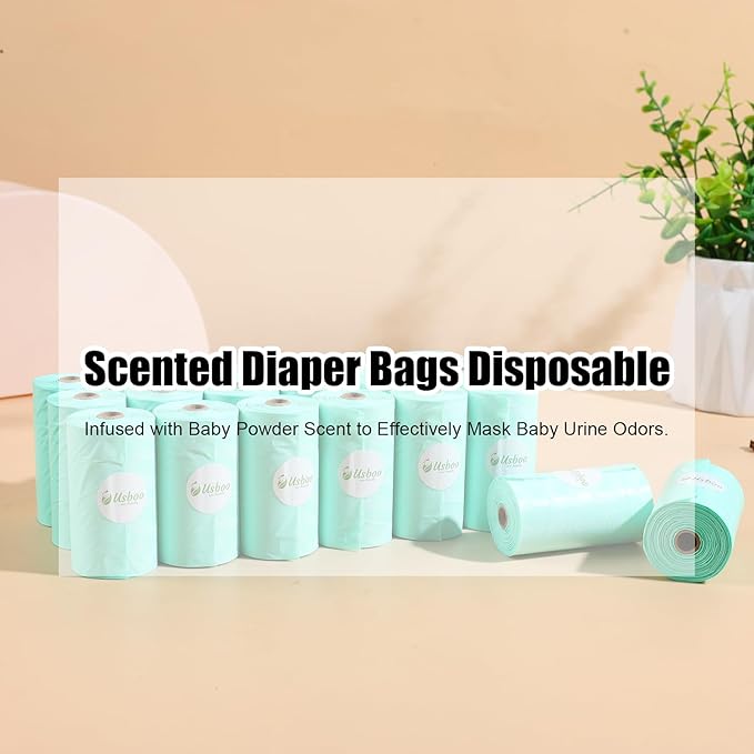 Diaper Bags Disposable for Baby - 20 Refill Rolls (300 Pack) Diaper Trash Bags with Dispenser, Diaper Bag Accessory, Fresh Powder Scent