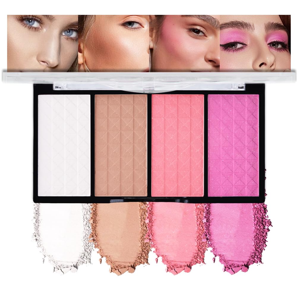 HHLTOH Matte Powder Blush Palette, 4 Colors Face Palette with White Highlighter, Brown Contour, Pink & Rose Pink Blush for Cheek
