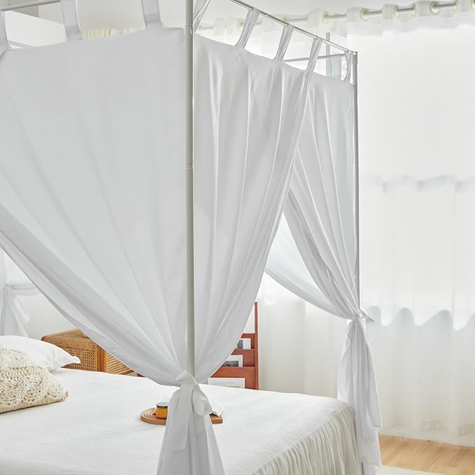 AIKASY White Canopy Bed Curtains with Top Ties and Tie Backs for Bedroom Decoration - Twin Size Bed Curtains with Windproof and Lightproof Features