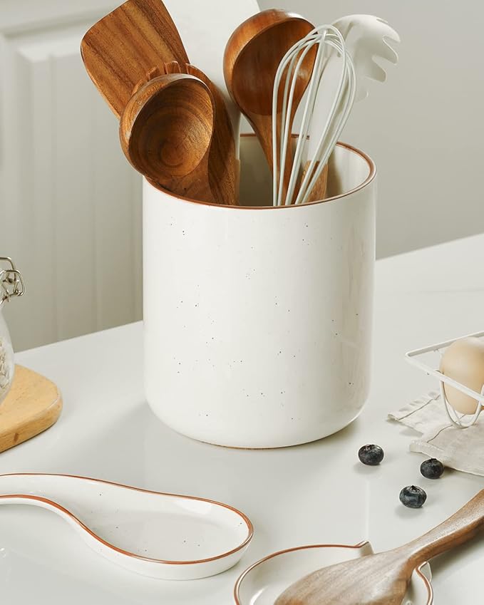 getstar Kitchen Utensil Holder, Large Ceramic Cooking Utensil Holder (H7.2” x W6.2”) for Kitchen Counter with Cork Mat at Bottom (White)