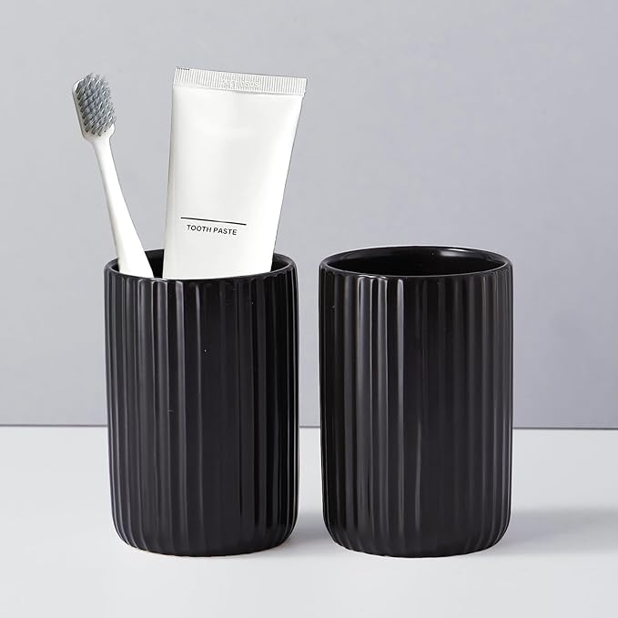 Toothbrush Holders for Bathrooms, Ceramic Tooth Brush Holder Set, Ribbed Bathroom Cups Tumbler, Reusable Toothbrush Mouthwash Cup, Toothpaste Holder Toothbrush Organizer for Bathroom Counter