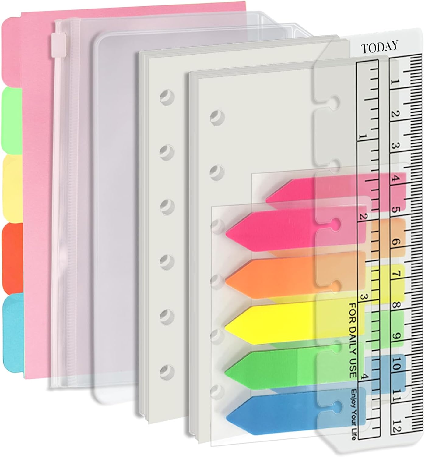 Harphia A7 6 Holes Binder Refill Value Set, 90sheets Plain Blank Loose Leaf Paper with Stickers and dividers, Planner Inserts with Binder Pockets for A7 Binder 6 Holes refillable Notebook,005dA7blank