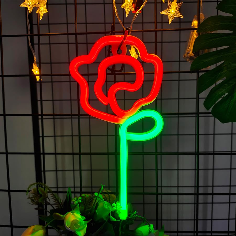ENUOLI Neon LED Sign - Red Rose Flower Art Wall Decor, USB/Battery Operated, Great for Bedroom, Party, Wedding, Model nNH.G053R+GG